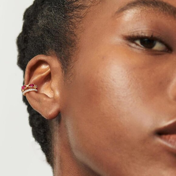 14K Gold Plated Red Zircon Diamond Turquoise Cuffs Non Piercing Earrings - Picture 3 of 7